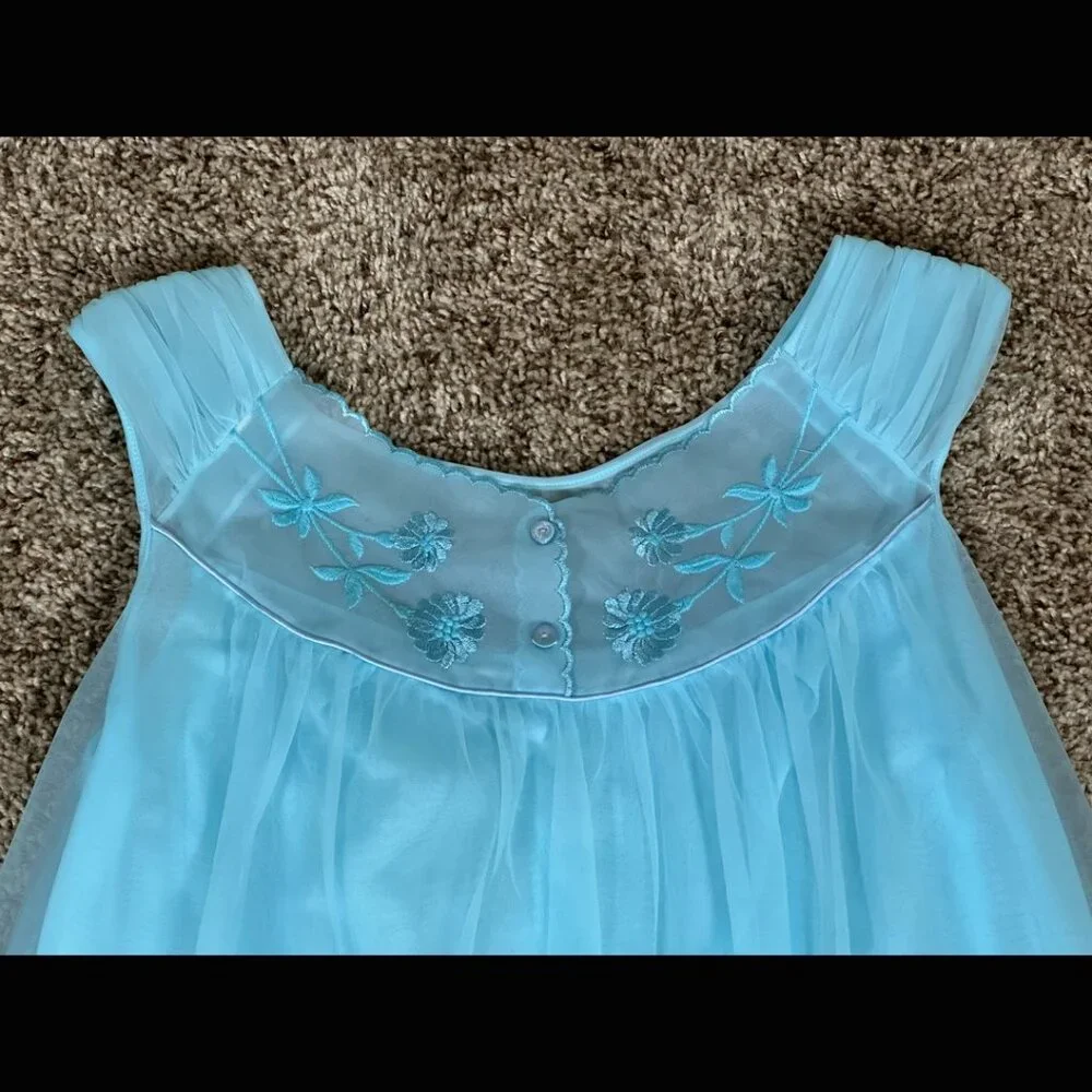 60s Bright Blue Babydoll Double Layer Lingerie Embroidered Floral Mod Pinup M L - Picture 15 of 15
